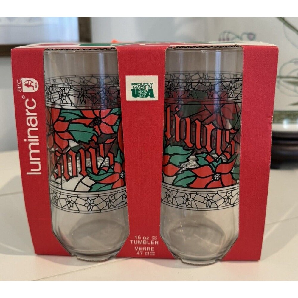 Luminarc Seasons Greetings 16oz Glass Tumblers, 4 Orig Unopened Box Christmas